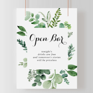 Groene Eucalyptus Botanical Wedding Open Bar Sign Poster
