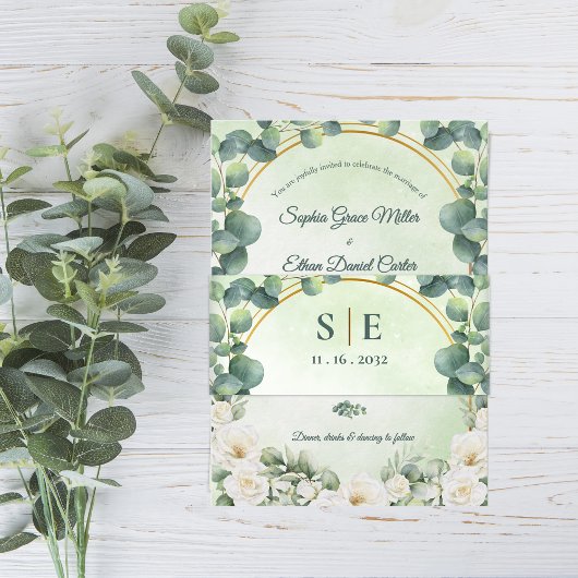 Groene Eucalyptus Botanisch Monogram Huwelijk Uitnodigingen Wikkel