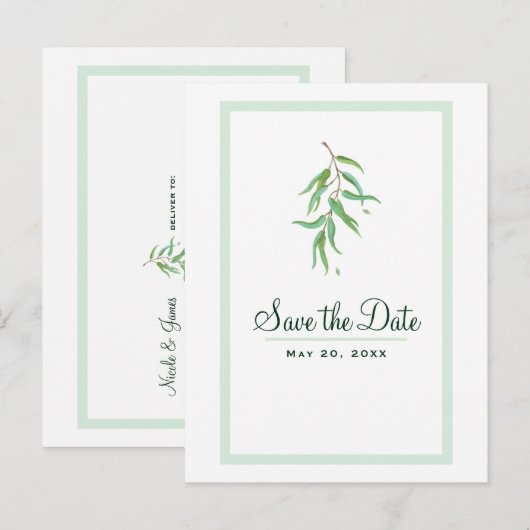 Groene Eucalyptus Botanische bladeren sparen de Da Aankondigingskaart (Voorkant / Achterkant)
