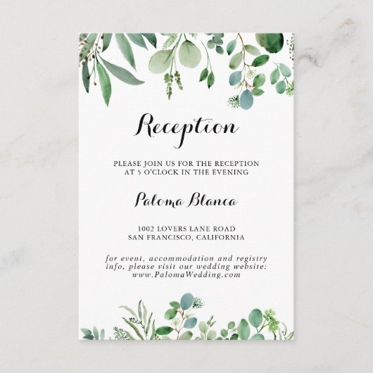 Groene eucalyptus botanische bruiloft receptie informatiekaartje (Voorkant)