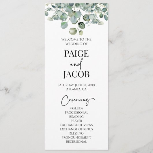 Groene Eucalyptus Botanische Groene Bruiloft Programmakaart (Voorkant)