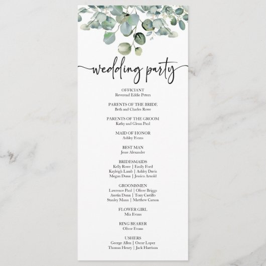 Groene Eucalyptus Botanische Groene Bruiloft Programmakaart (Achterkant)