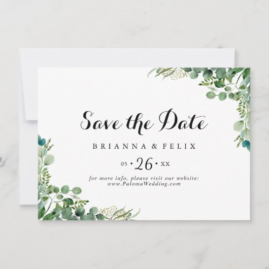 Groene Eucalyptus Botanische horizontale bruiloft Save The Date (Voorkant)