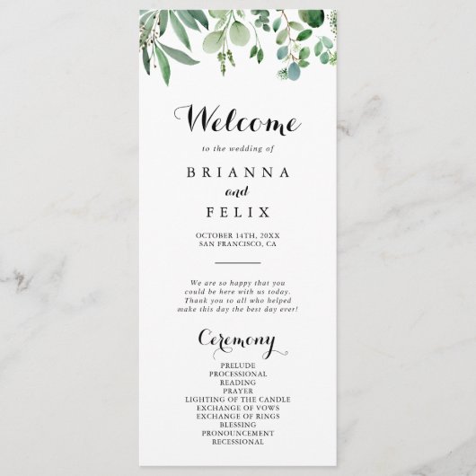 Groene Eucalyptus Botanische Huwelijksprogramma Programmakaart (Voorkant)