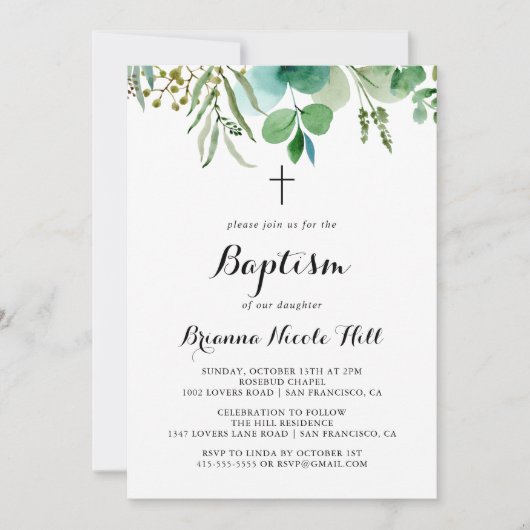 Groene Eucalyptus Botanische Kalligrafie Doop Kaart (Voorkant)