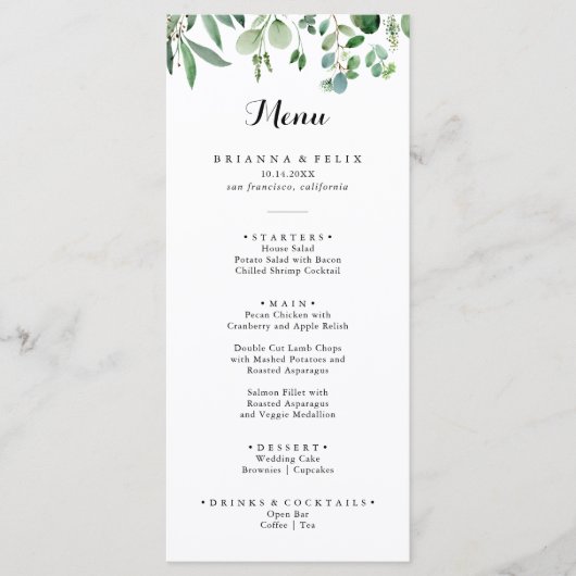 Groene Eucalyptus botanische kalligrafie Menu (Voorkant)