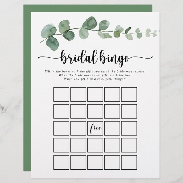 Groene Eucalyptus Bridal Bingo Game (Voorkant / Achterkant)
