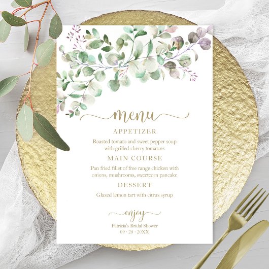 Groene Eucalyptus Bruidsfeest Menu Uitnodiging