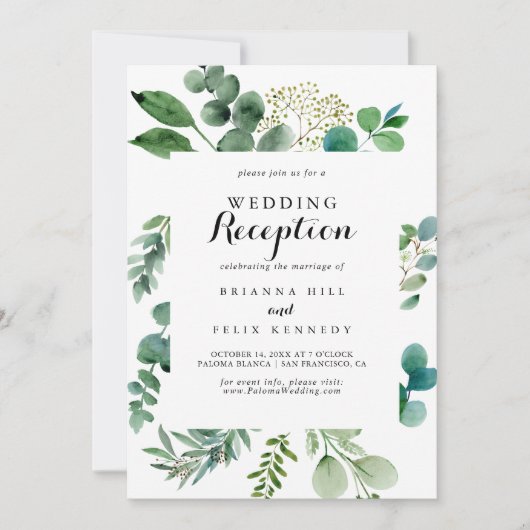 Groene Eucalyptus Calligrafie Trouwreceptie Kaart (Voorkant)