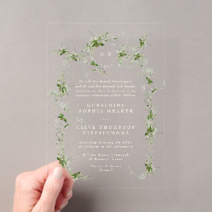 Groene Eucalyptus Crème Krans Monogram Huwelijk Acryl Uitnodigingen