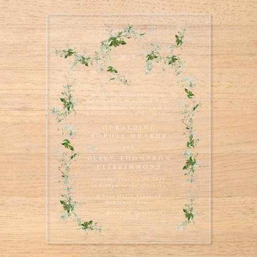 Groene Eucalyptus Crème Krans Monogram Huwelijk Acryl Uitnodigingen (Voorkant)