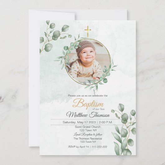 Groene eucalyptus doop uitnodiging (Voorkant)