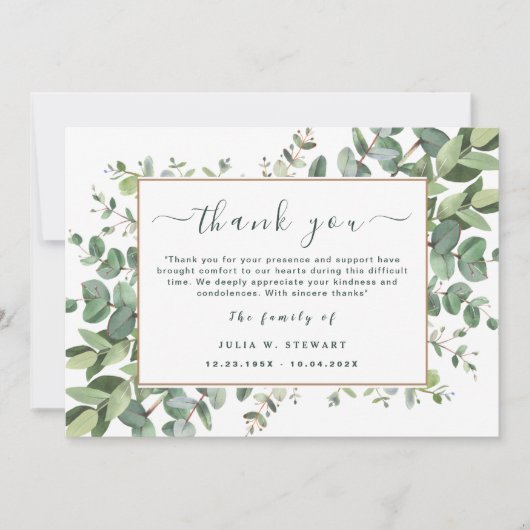 Groene Eucalyptus Eenvoudige Begrafenis Dank u Opm Kaart (Voorkant)
