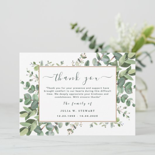 Groene Eucalyptus Eenvoudige Begrafenis Dank u Opm Kaart (Staand voorkant)