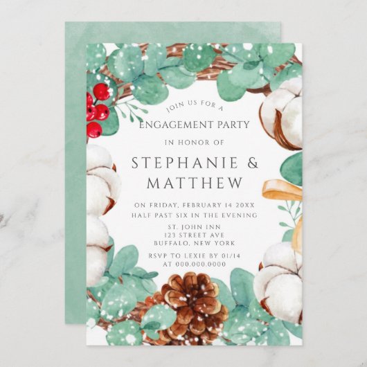 Groene Eucalyptus en Cotton Engagement Party Invit Kaart (Voorkant / Achterkant)