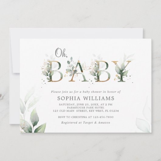 Groene Eucalyptus en Gold Oh Baby shower Kaart