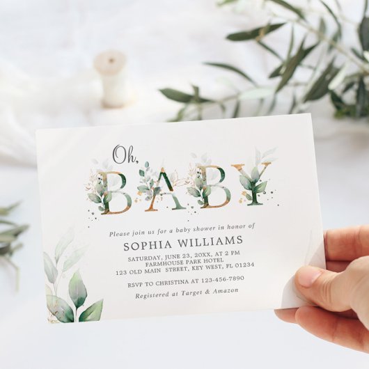 Groene Eucalyptus en Gold Oh Baby shower Kaart