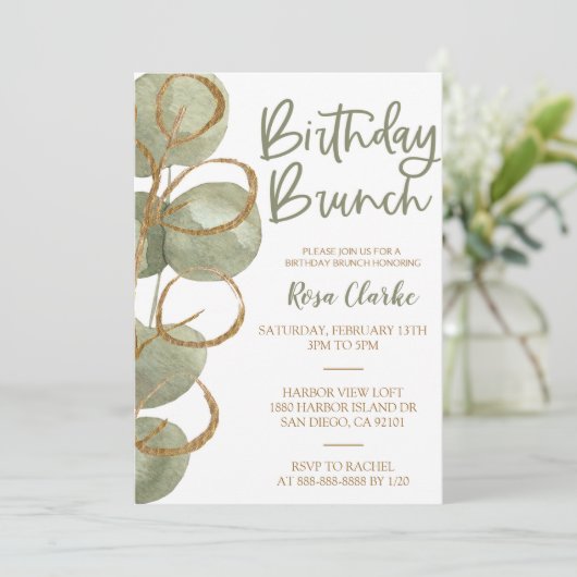 Groene Eucalyptus en goudflora Brendday Brunch Kaart (Staand voorkant)