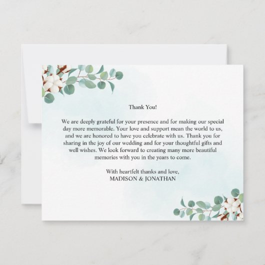 Groene Eucalyptus en Katoen Bloemen Bruiloft Bedankkaart (Achterkant)