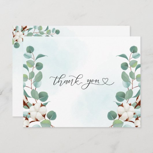 Groene Eucalyptus en Katoen Bloemen Bruiloft Bedankkaart (Voorkant / Achterkant)