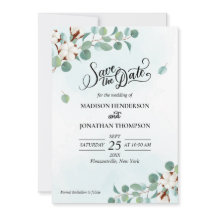 Groene Eucalyptus en Katoen Bruiloft Save The Date