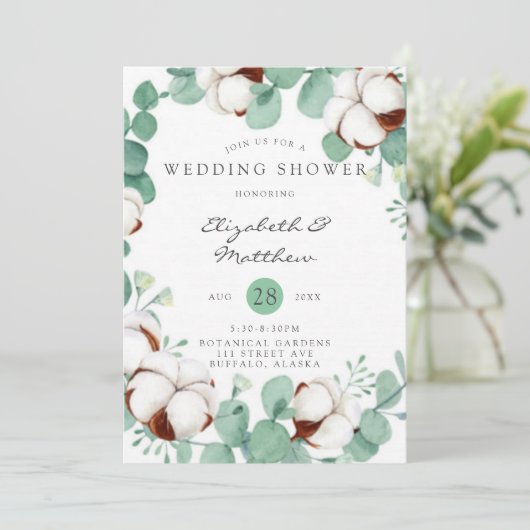 Groene Eucalyptus en katoenbruiloft Invitat Kaart (Staand voorkant)