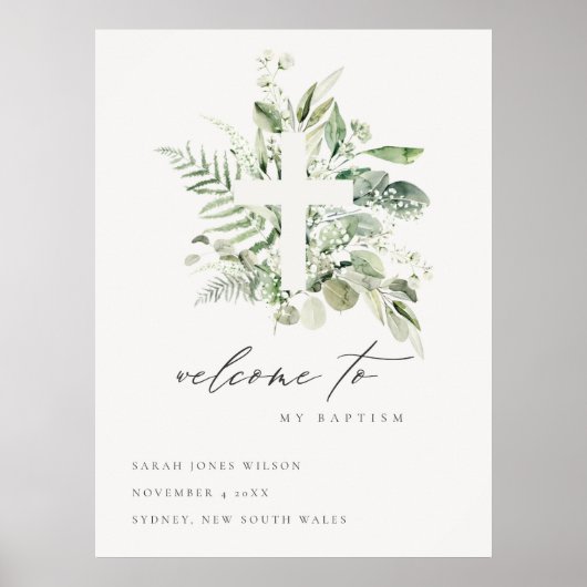 Groene Eucalyptus Fern Fauna Cross Baptisme Welkom Poster (Voorkant)