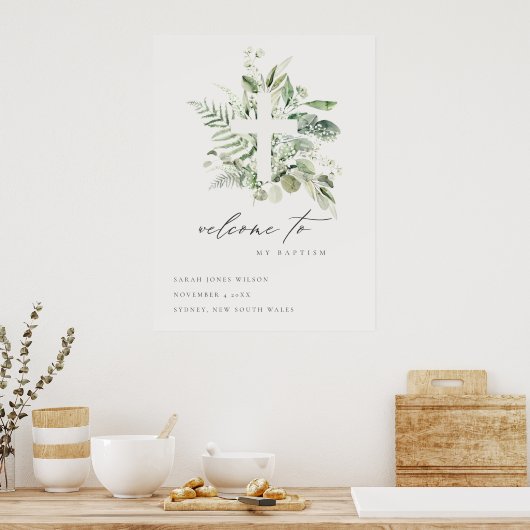 Groene Eucalyptus Fern Fauna Cross Baptisme Welkom Poster (Keuken)