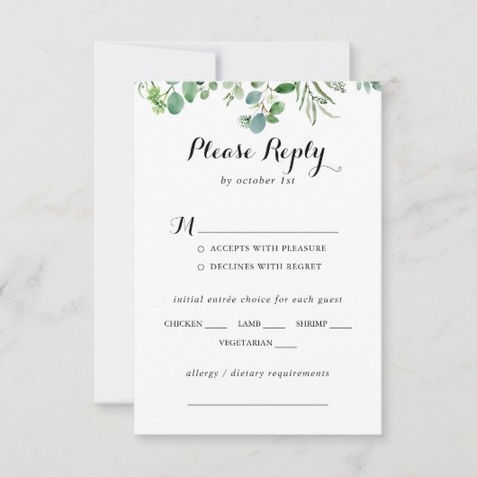 Groene Eucalyptus Foliage Bruiloft Menu Keuze RSVP (Voorkant)