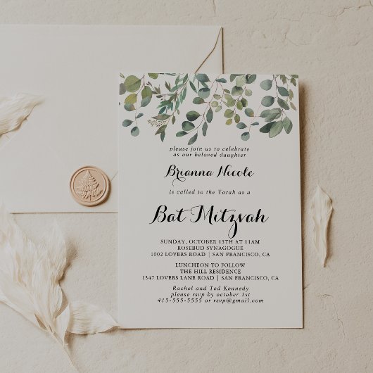Groene Eucalyptus Foliage Delight Bat Mitzvah Kaart