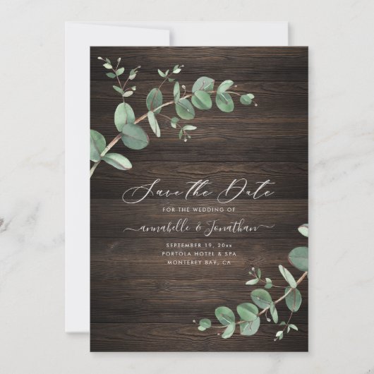 groene Eucalyptus foliage rustige donkerhoutelegan Save The Date (Voorkant)