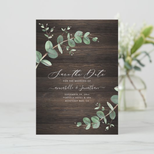 groene Eucalyptus foliage rustige donkerhoutelegan Save The Date (Staand voorkant)