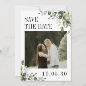 Groene Eucalyptus Foto Huwelijks QR-code Achterkan Save The Date (Voorkant)
