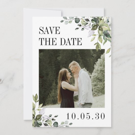 Groene Eucalyptus Foto Huwelijks QR-code Achterkan Save The Date (Voorkant)