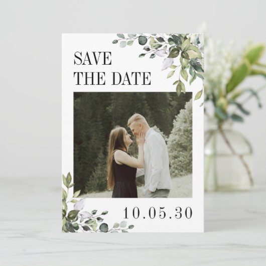 Groene Eucalyptus Foto Huwelijks QR-code Achterkan Save The Date (Staand voorkant)