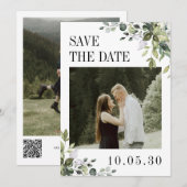 Groene Eucalyptus Foto Huwelijks QR-code Achterkan Save The Date (Voorkant / Achterkant)