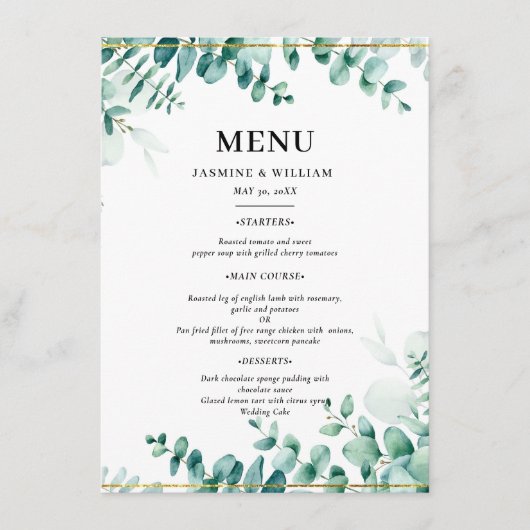 Groene Eucalyptus Frameborder Trouwen Menu (Voorkant)