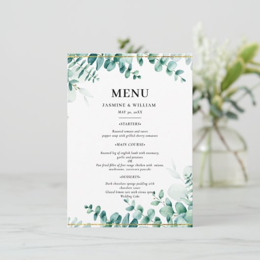 Groene Eucalyptus Frameborder Trouwen Menu (Staand voorkant)