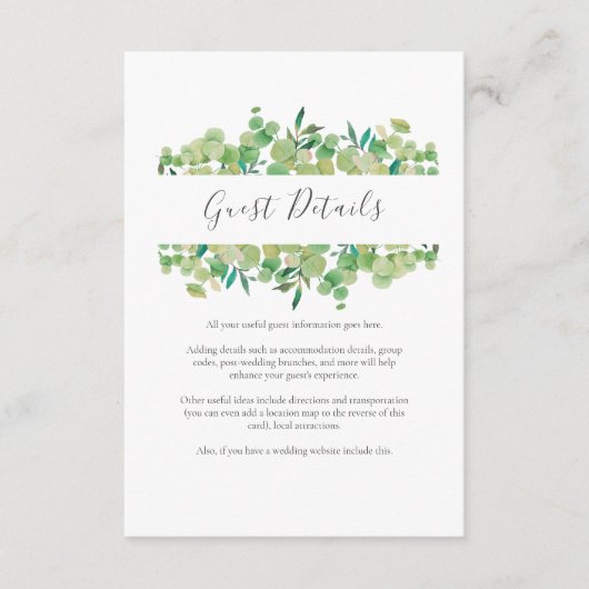 Groene Eucalyptus Gast Informatie Details Informatiekaartje (Voorkant)