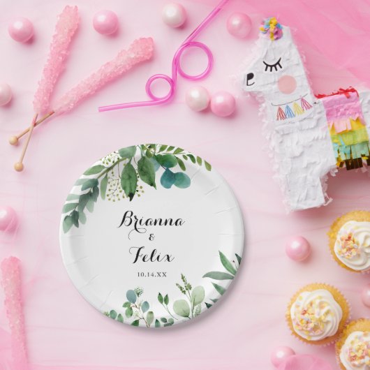 Groene Eucalyptus gebladerte kalligrafie bruidstaa Papieren Bordje (Feest)