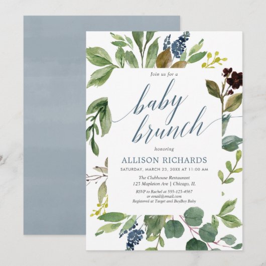 Groene eucalyptus genderneutraal baby brunch kaart (Voorkant / Achterkant)