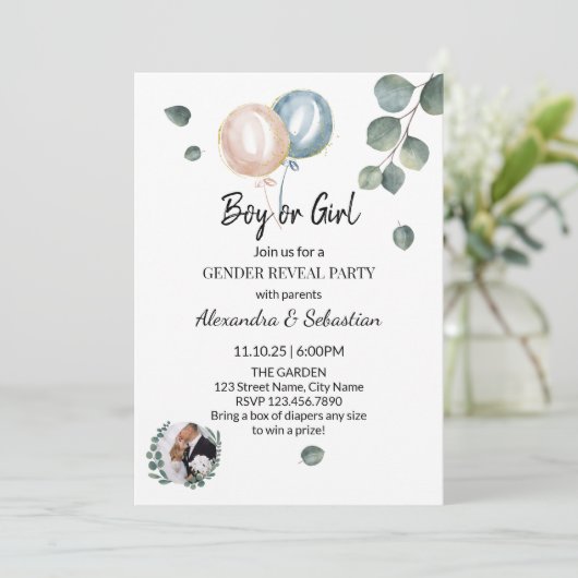 Groene eucalyptus geslacht onthulling uitnodiging (Staand voorkant)