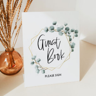 Groene Eucalyptus Gold Lijst Guest Book Sign Reclamebord Met Voetstuk