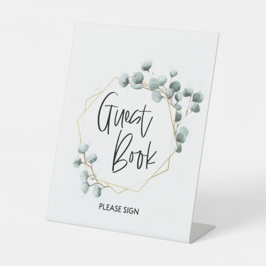 Groene Eucalyptus Gold Lijst Guest Book Sign Reclamebord Met Voetstuk (Voorkant)