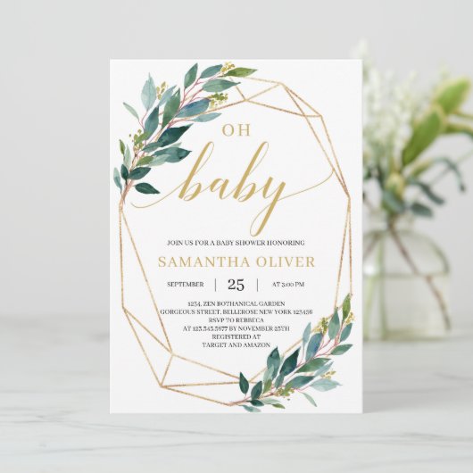 Groene eucalyptus goud geometrisch Oh Baby shower Kaart (Staand voorkant)