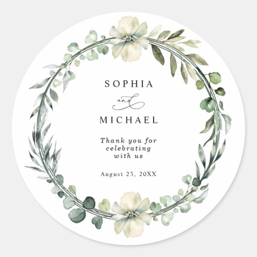 Groene Eucalyptus Huwelijk Ronde Sticker (Voorkant)