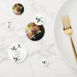 Groene eucalyptus huwelijks tafel decoratie confet confetti