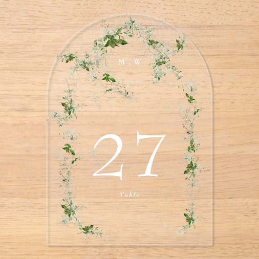 Groene Eucalyptus Krans Arch Acryl Tabel Nummer Acryl Uitnodigingen (Voorkant)