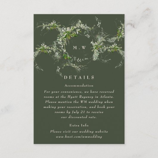 Groene Eucalyptus krans Monogram Bruiloft Details Informatiekaartje (Voorkant)