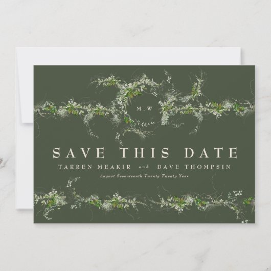 Groene eucalyptus krans monogram bruiloft foto save the date (Voorkant)